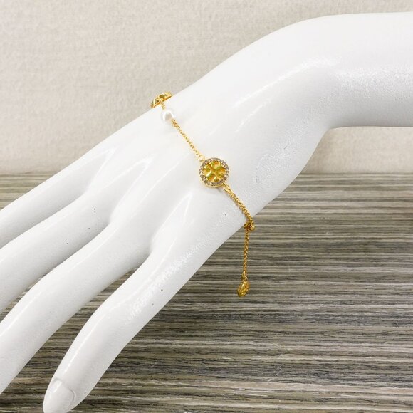 Tory Burch Crystal Logo & Imitation Pearl Station Bracelet Ivory/Tory Gold OS - Picture 14 of 16